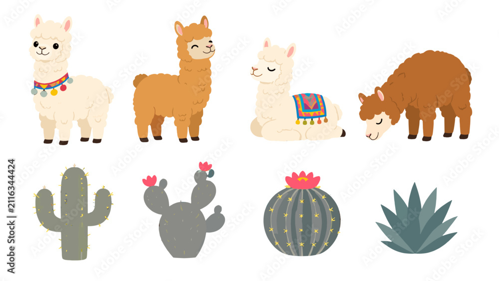Fototapeta premium Cute alpaca and cactus cartoon set on white background