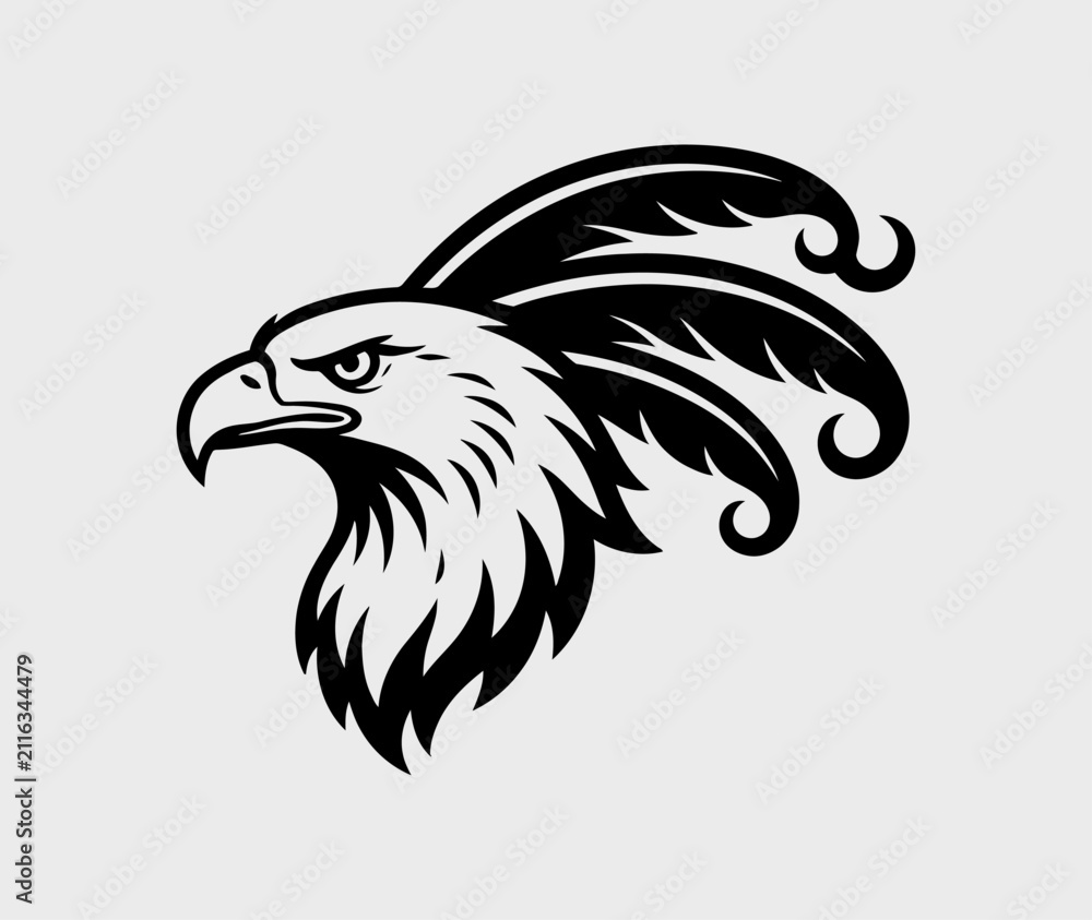 Fototapeta premium Black and White Vector Graphic Illustration of a Fierce Eagle Head Profile View