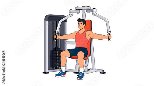 Fotografie Man using chest fly machine in gym vector illustration