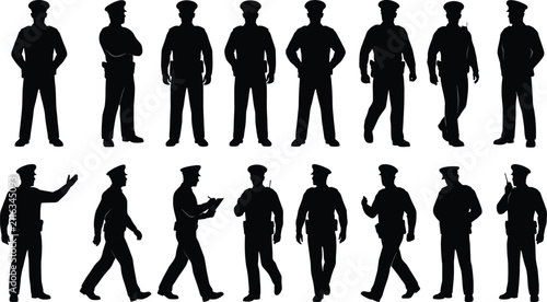 Collection of police officer silhouettes in various poses on a white background untitled vector