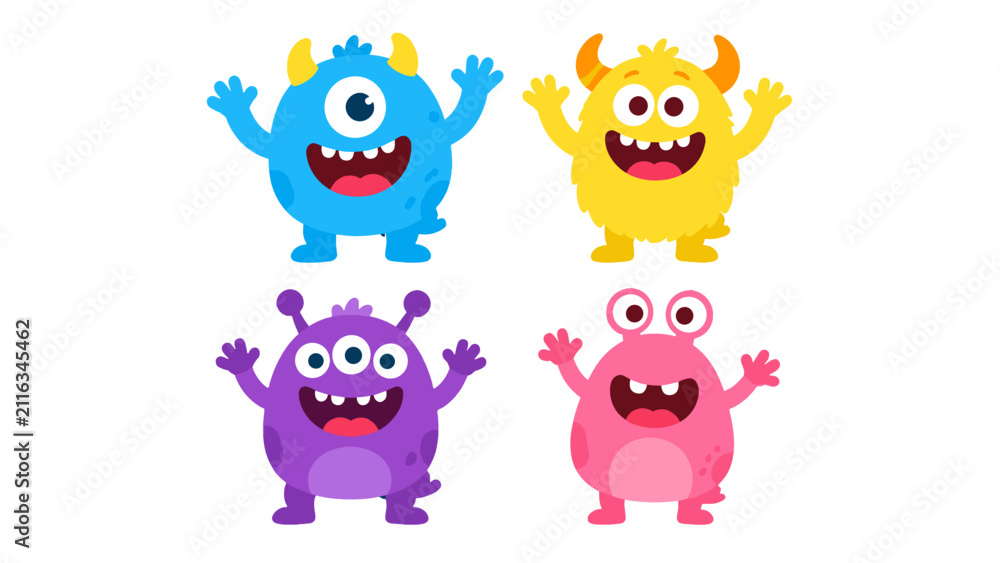 Obraz premium Set of four colorful cartoon monster characters on white