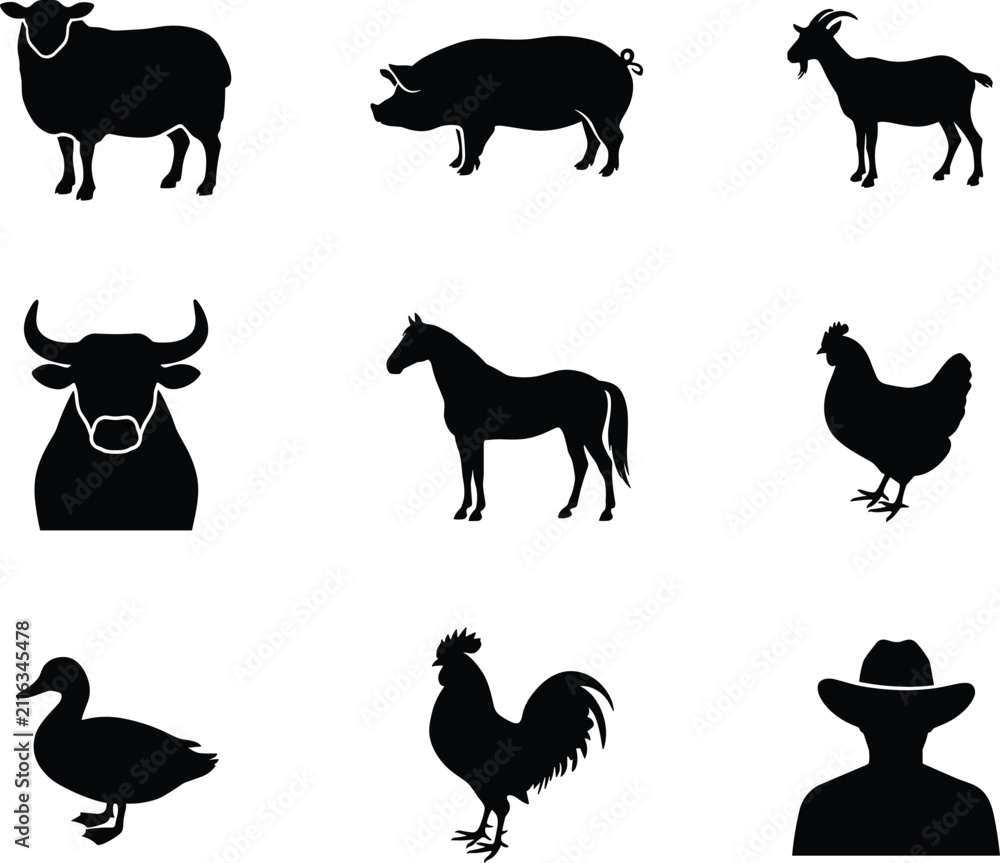 Fototapeta premium Farm Animal Silhouettes Collection With Cowboy Hat Figure sheep goat