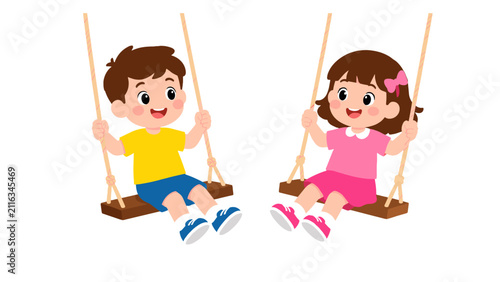 Cute boy and girl children sitting on playground swings