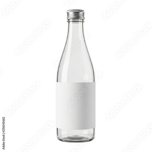 Clear glass water bottle with a blank label for branding isolated on transparent background