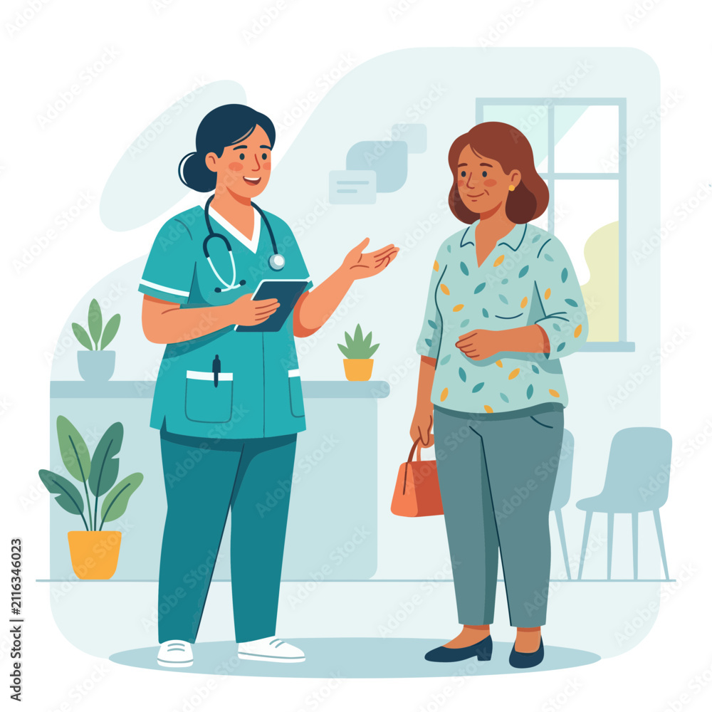Fototapeta premium Nurse Consults with Patient in Medical Office Waiting Area, Vector Illustration