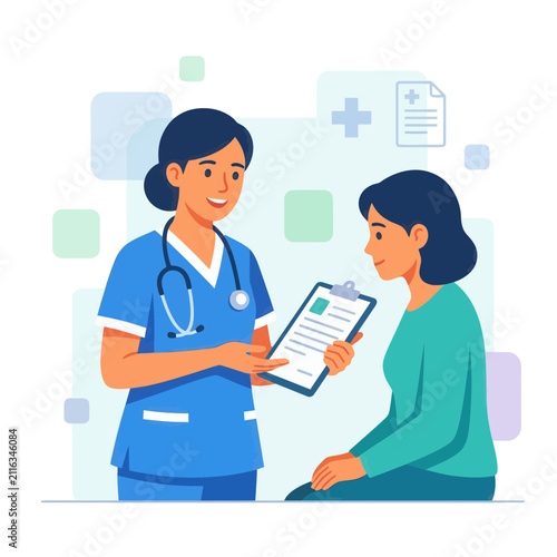 Nurse Discussing Medical Chart with Patient - Modern Flat Vector Illustration