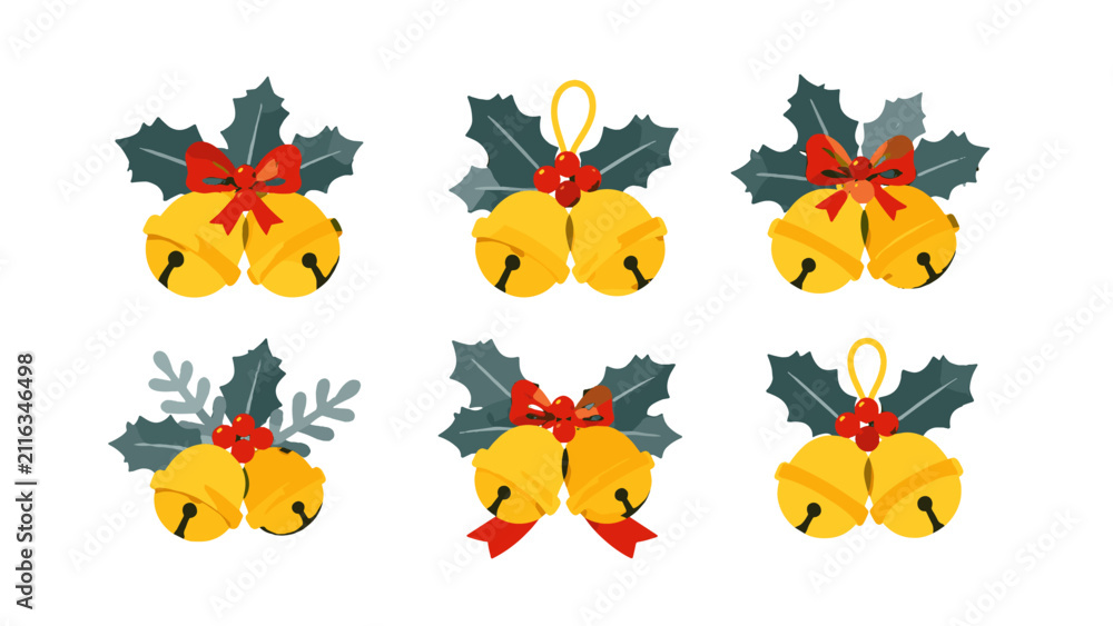 Fototapeta premium Set of festive golden bells with holly leaves and red bows