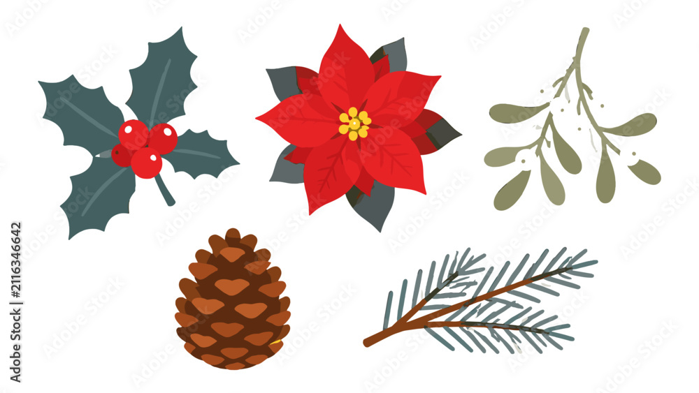 Obraz premium Christmas botanical elements set with holly poinsettia and mistletoe