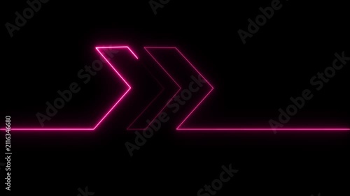 Pink glowing neon arrow symbol pointing right with a continuous horizontal line on a black background for digital interface and navigation