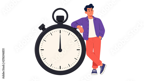Man leaning on large stopwatch in flat vector style