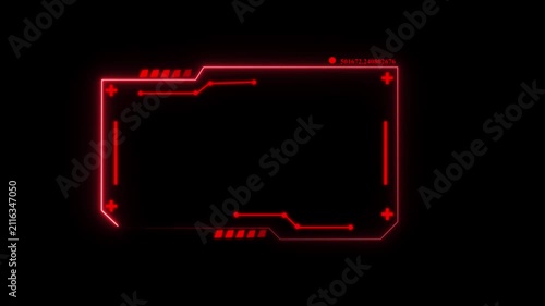 Glowing red digital frame with circuit board and data points on a black background for futuristic interface and technology display overlays