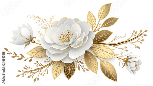 White flower centerpiece with shimmering golden foliage, magnolia