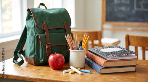 Green canvas backpack with school supplies and a red apple on a wooden desk
