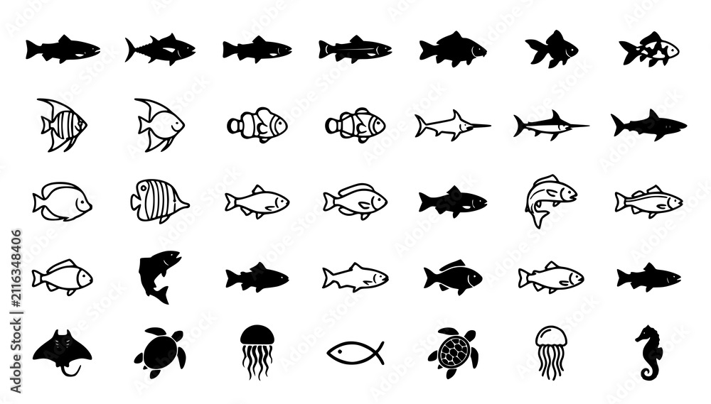 Fototapeta premium Fish Icon Set with Aquatic Life and Marine Animal Symbols Vector Illustration