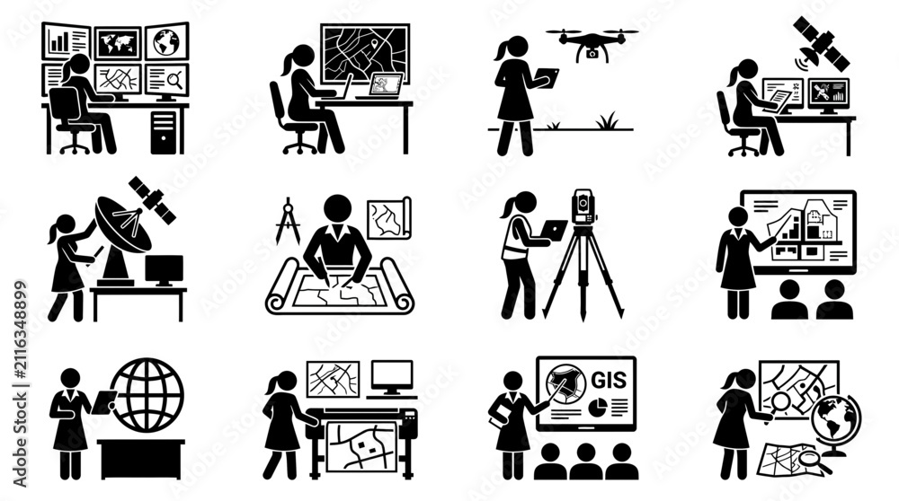 Obraz premium Geographic Information System (GIS) and Surveying Icons: Technology, Mapping, and Data Analysis