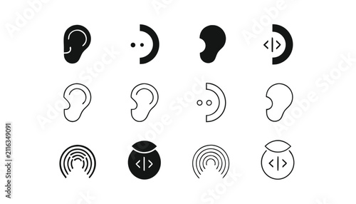 Abstract ear silhouettes and coding brackets icons for audio technology development projects