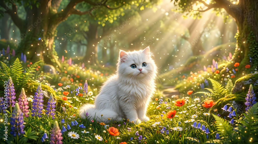 Obraz premium Cute fluffy white kitten sitting in a magical sunny forest with colorful spring wild flowers