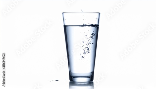 A crystal clear glass of fresh water with rising bubbles isolated on a pure white background representing healthy hydration and purity.