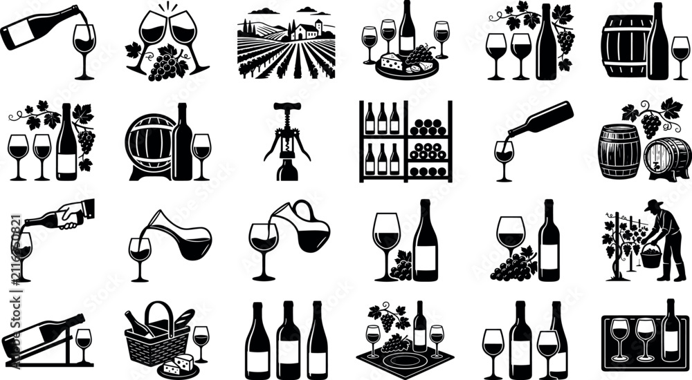 Obraz premium Set of wine icons, vector illustration of wine production, tasting, and serving