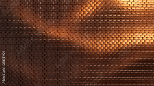 Abstract background of metallic copper tiles with soft lighting and wavy texture