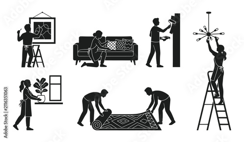 People decorating and organizing home interior