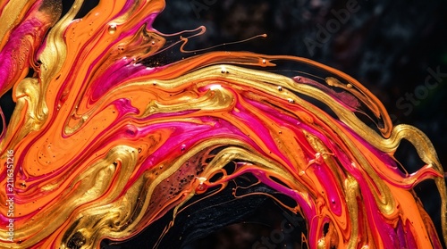 Abstract fluid art background with swirling gold, orange, and magenta paint colors