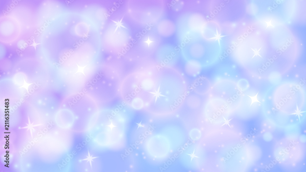 Fototapeta premium Glitter unicorn background with pink gradient and star pattern. Magical rainbow sky with pastel sparkle and dreamy fairy princess effect. Shiny holographic texture with soft bokeh and iridescent glow.