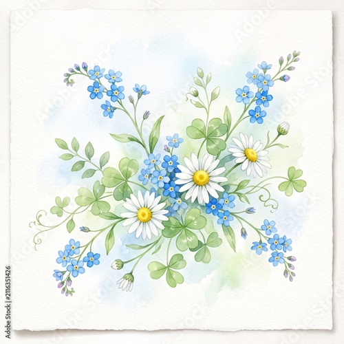 Watercolor illustration of a bouquet with daisies, forgetmenots, and clover leaves isolated on white background