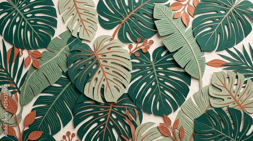 Tropical paper craft leaves background with monstera and palm foliage