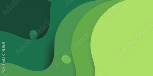 Creative eco paper cut background with green nature layers, abstract trees, and 3D geometric waves. Modern environmental concept vector illustration template.