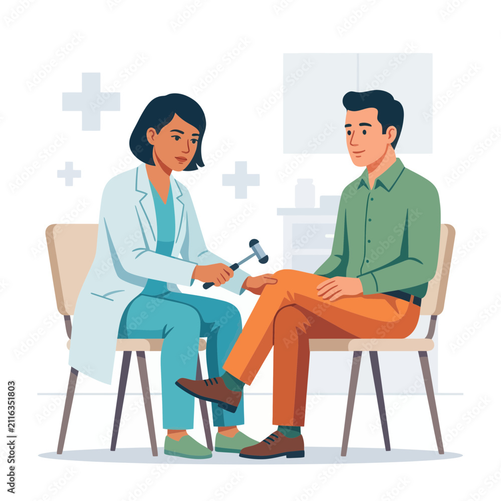 Fototapeta premium Doctor performs reflex test on patient's knee with reflex hammer in a bright, modern clinic setting.