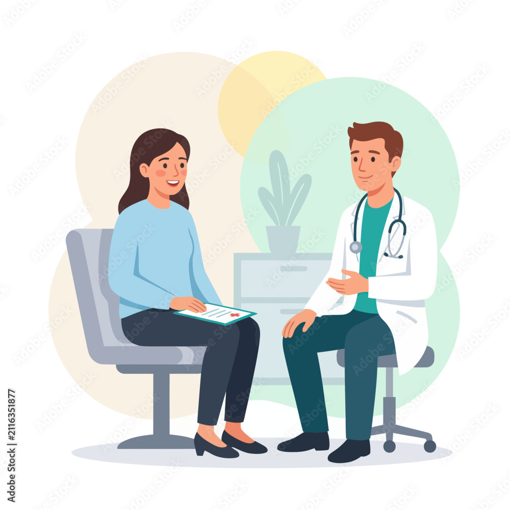 Obraz premium Doctor consulting with patient in modern clinic, friendly conversation about health, flat vector illustration