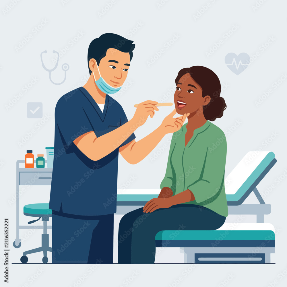 Fototapeta premium Doctor examines patient's throat with tongue depressor in clinic, healthcare concept, flat illustration
