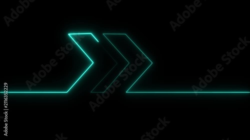 Cyan glowing neon arrow symbol pointing right with a continuous horizontal line on a black background for digital interface and navigation