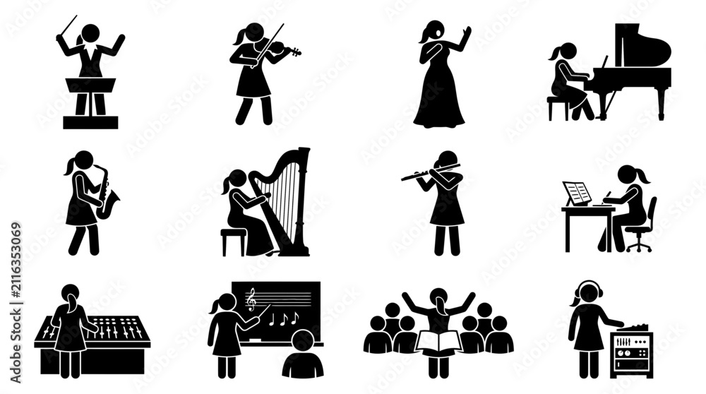 Obraz premium Diverse Musicians and Conductors Icon Set: Orchestra, Piano, Violin, Harp, Saxophone, Flute