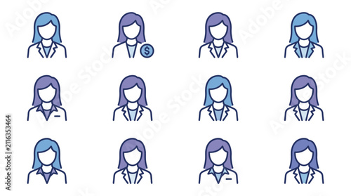 Картината върху платно Businesswomen avatars, icons of female professionals in blue and purple tones, d