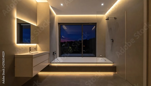Modern Luxury Bathroom with Integrated LED Lighting and Bathtub.