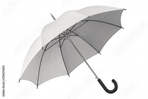 Large open white umbrella with silver ribs and curved handle
