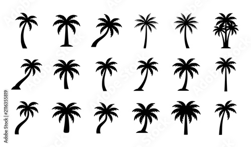 Tropical Palm Tree Silhouette Collection Featuring Various Coconut Tree Shapes for Summer Nature Designs