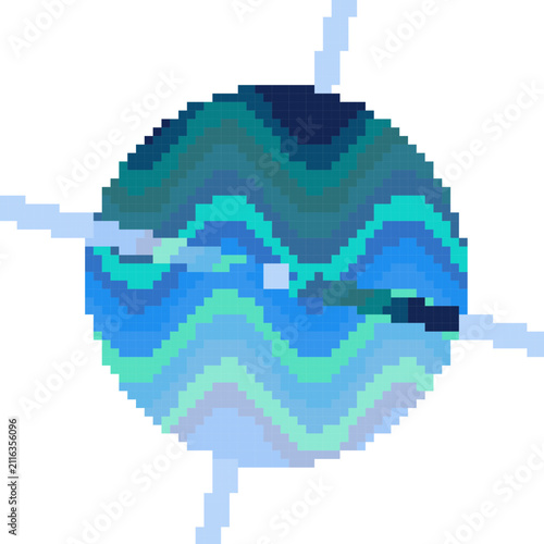 Принти на полотні Pixel art planet with blue wavy patterns, retro 8-bit celestial sphere vector, c