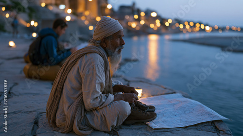 A shoe shiner at twilight blue hour polishes trail boots viewed over the shoulder of a packrafter studying a river map, riverside dock setting, soft water reflection below,