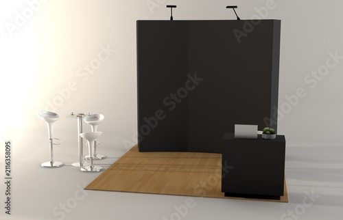 Trade stand mockup. Blank exhibit stand mockup, fair stand. Blank indoor exhibition with work paths. Blank trade exhibition booth system stand.