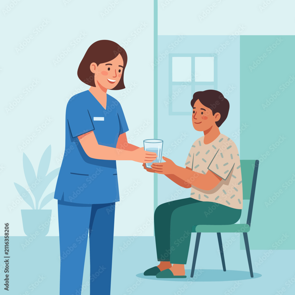 Obraz premium Caring Nurse Gives Glass of Water to Patient in Simple Flat Illustration Style