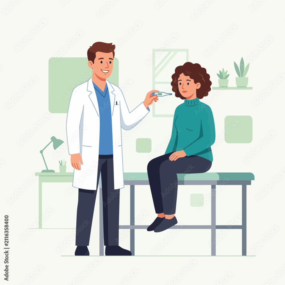 Obraz premium Doctor Checking Patient Temperature with Thermometer in Clinic - Healthcare Illustration