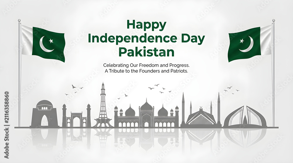 Obraz premium Happy independence day pakistan greeting card with landmarks