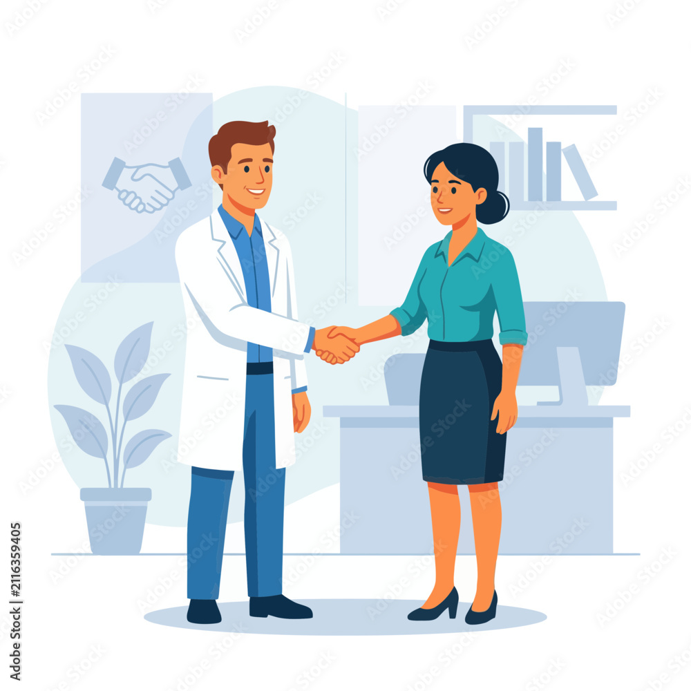 Fototapeta premium Doctor and Patient Shaking Hands in Medical Office, Agreement and Trust