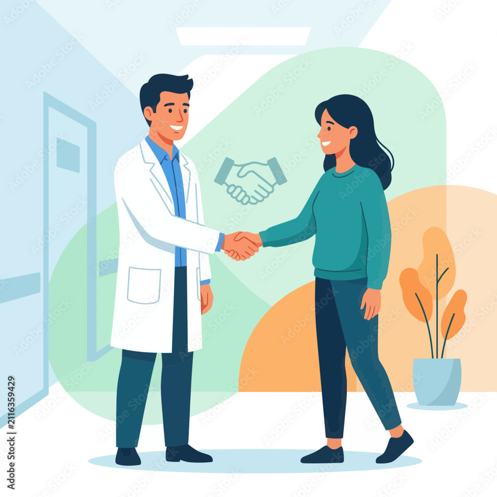 Fototapeta premium Doctor and Patient Shaking Hands in Modern Clinic Hallway with Abstract Shapes and Plant - Medical Consultation and Trust