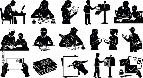 Bild auf Leinwand Set of black silhouette icons depicting people writing letters, sending mail, an
