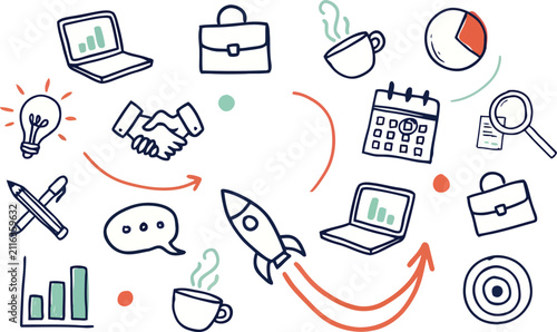 Vector illustration of business and office productivity workflow concept icons with hand drawn