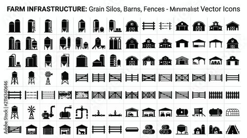 Modern farm infrastructure vector icons set. Minimalist grain silos, barns, and fences for agricultural design projects.